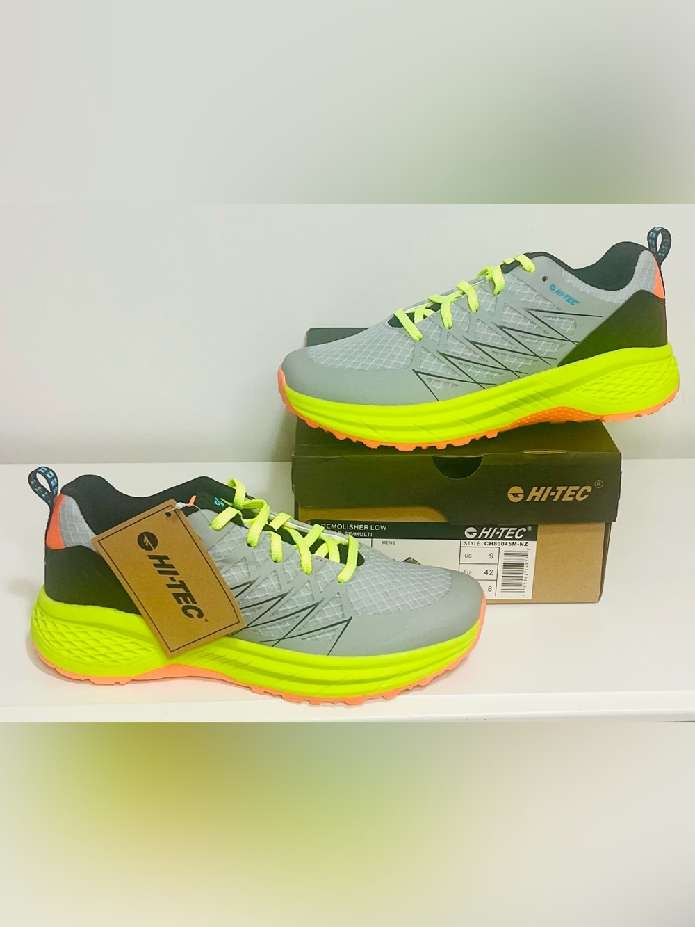 Hi-Tec Men's Gray and Neon Yellow Running Sneakers with Orange Outsole